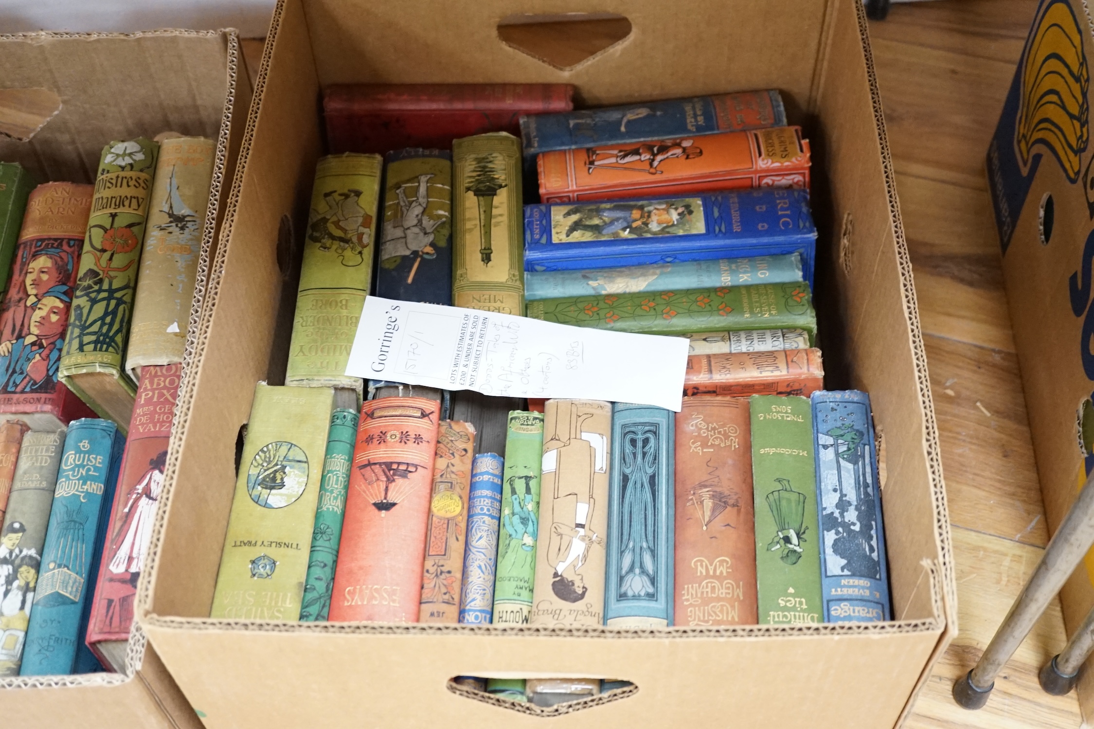 Old Children's books - mostly late 19th century and early 20th century; most with illus. and coloured pictorial cloth bindings; include F.W. Dodds - Tales of the African Wild (1914); Thos. Cobb - The Boy Tramp (1906); He